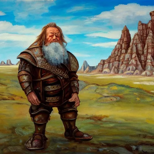 Image similar to oil painting of a medieval fantasy dwarf standing next to a robot made of chrome, badlands in the background, detailed, 4K