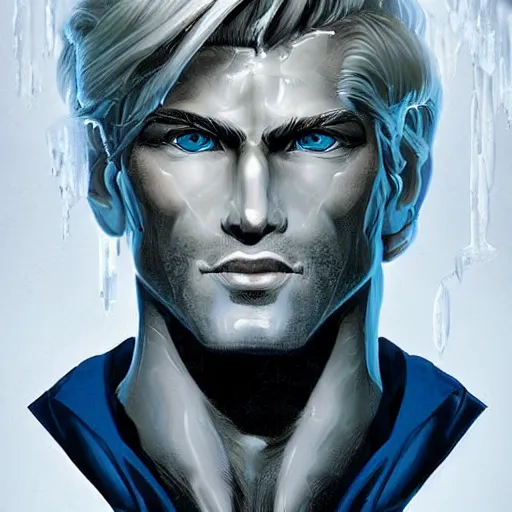 Image similar to man portrait made out of ice, beautiful, cyborg, comic book art, highly detailed, blond hair