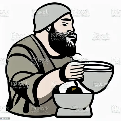 Prompt: bearded man turns bowl on woodlathe, vector art, simple, clean, monochromatic