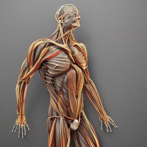 Image similar to realistic anatomically correct detailed wire sculpture of the human muscular system