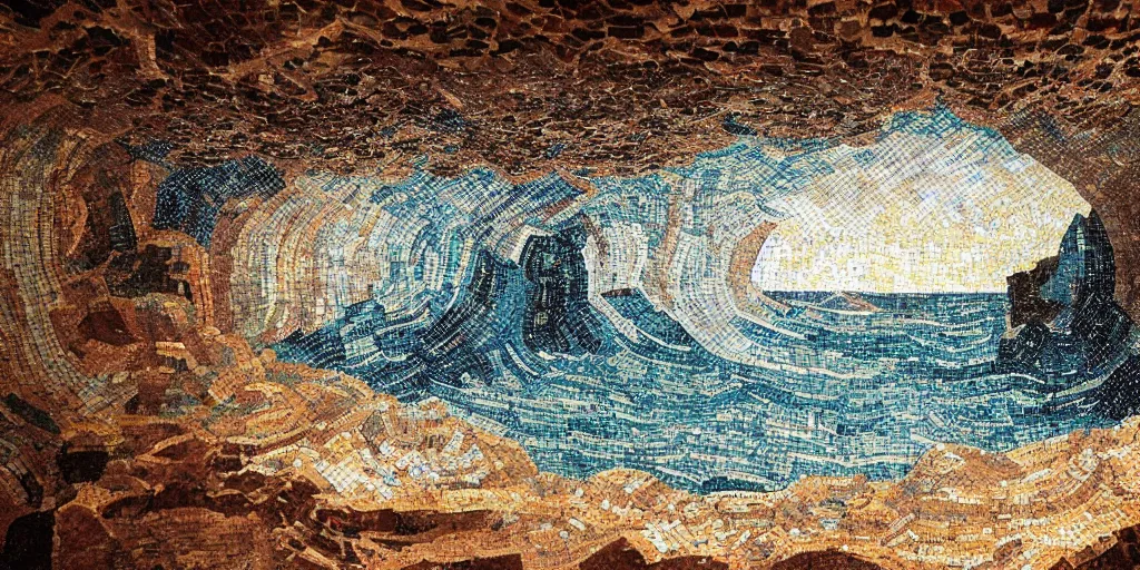 Image similar to natural cave with ancient roman mosaic of rough sea with huge waves, stylised, symmetrical, minimal, octane, dynamic light