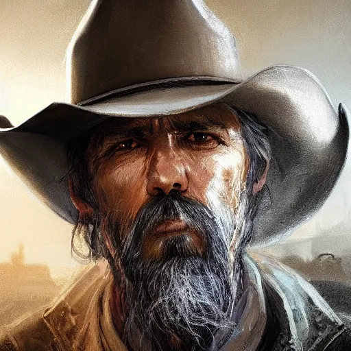 Image similar to portrait of a man with a long duster, grey hair and a cowboy hat walking in a western town, hard good looking face, middle aged, drawn by Ruan Jia, disco elysium art, fantasy art, dramatic lighting, digital art, 8k, highly detailed