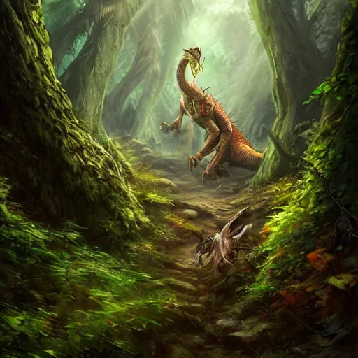 Prompt: a pet dragon hiking through the forest, trending on artstation, realistic, detailed, by Tony Sart