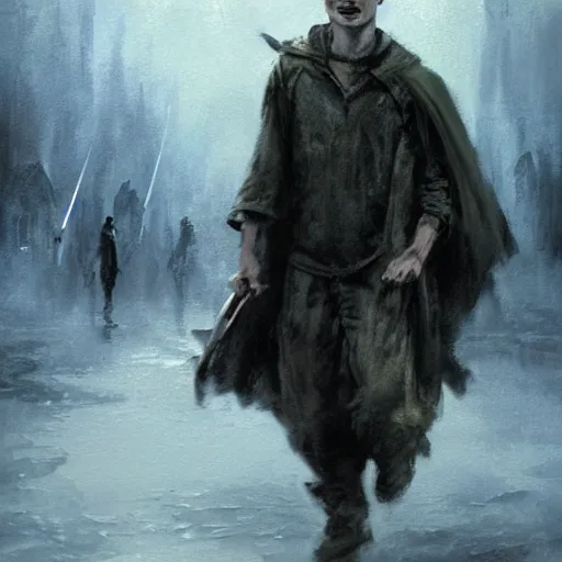 Image similar to daniel radcliffe as harry potter walking, craig mullins epic oil on canvas painting of a lord of the rings atmospheric landscape, mordor, line art!!, ink, art concept for a book cover!!, harmonic colours, thik brushstrokes, movie still, game of thrones concept art, highly detailed, centered, hyperrealism