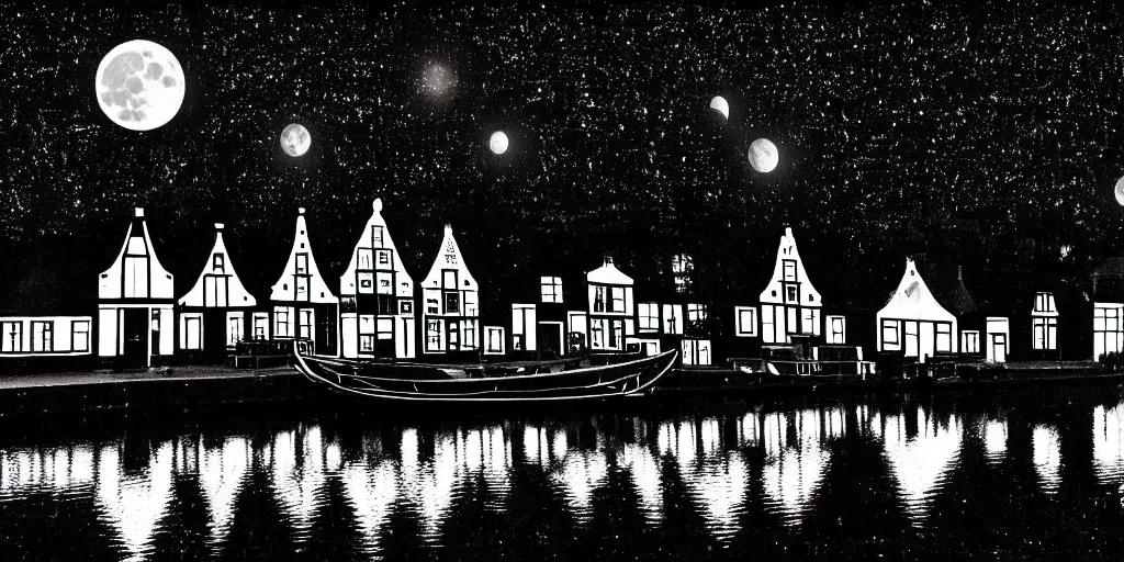 Prompt: Dutch houses along a river, silhouette!!!, Circular white full moon, black sky with stars, lit windows, stars in the sky, b&w!, Reflections on the river, a man is punting, flat!!, Front profile!!!!, HDR, soft!!, street lanterns, 1904, illustration, shadowy figures