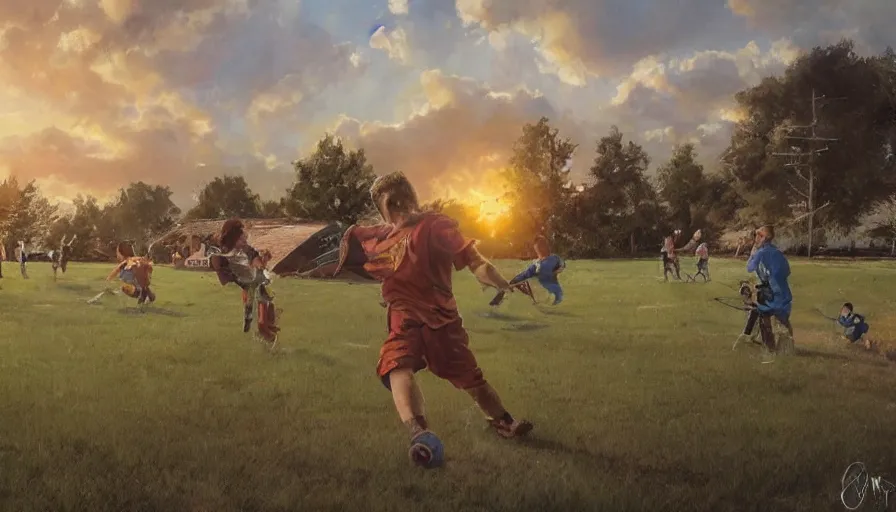 Image similar to beautiful painting of backyard football field with a pair of playing children during sunset, wide shot, digital painting, intricate details, trending on artstation, concept art, octane render, realistic, highly detailed, smooth, sharp focus, beautiful, 4 k, 8 k, hd, art by charlie bowater and artgerm and greg rutkowski