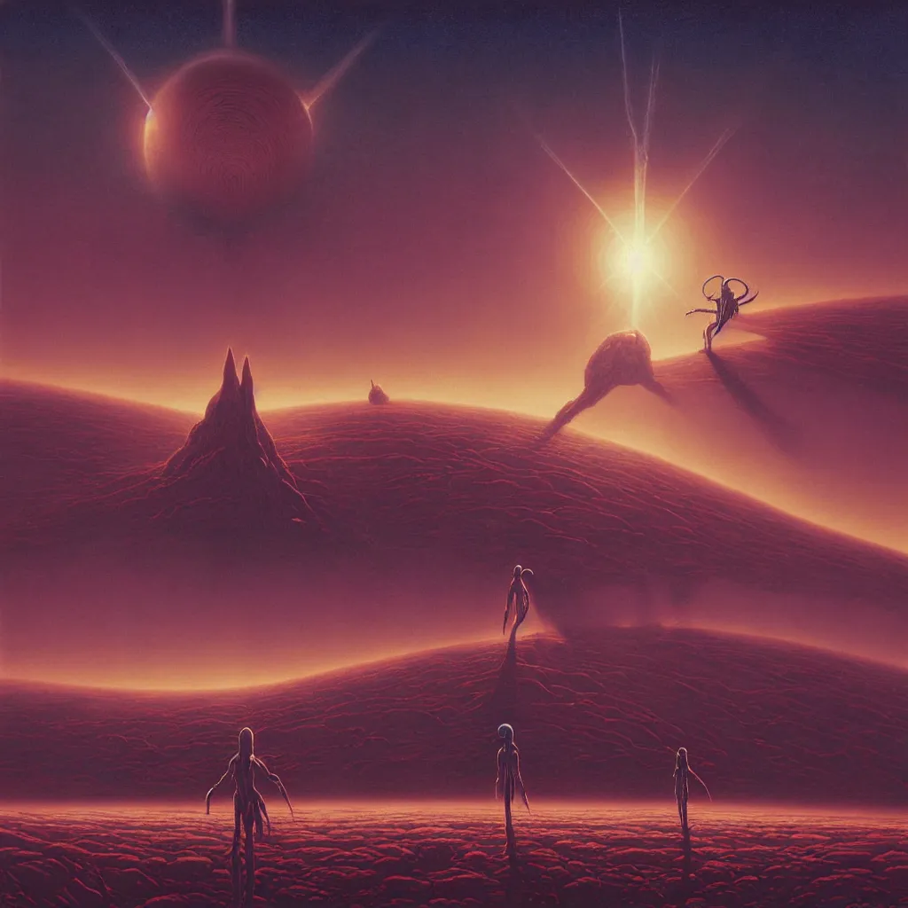 Image similar to high detailed alien looking to its dead planet on a progressive rock 70s album cover style by Eliran Kantor, abstract, evangelion third impact inspired, desert environment, Eloy band, Zdzisław Beksiński, by George Caleb Bingham and Donato Giancola and Bob Eggleton, cinematic, unreal engine, high quality, eerily beautiful, cgsociety, artgerm, 4K, UHD, trending on ArtStation, dune, pulp magazines