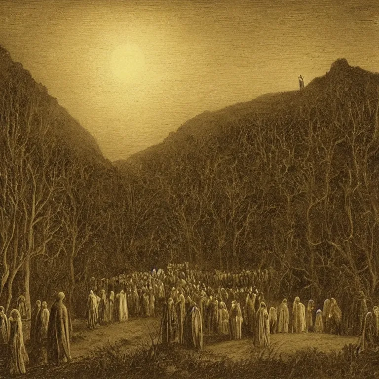 Prompt: A Holy Week procession of souls in a lush Spanish landscape at night. A figure at the front holds a cross. Carl Gustav Carus.