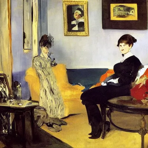 Prompt: a modern woman in a living room, Edouard Manet, painting,