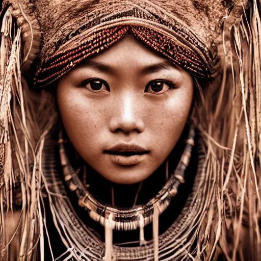 Image similar to vintage portrait of a stunningly beautiful asian tribal female, depth of field, zeiss lens, detailed, symmetrical, centered, fashion photoshoot, by edward s curtis, Annie Leibovitz and Steve McCurry, David Lazar, Jimmy Nelsson, Breathtaking, 8k resolution, extremely detailed, beautiful, establishing shot, artistic, hyperrealistic, beautiful face, octane render