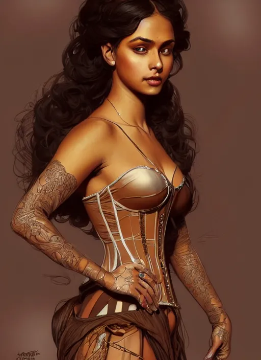 Image similar to cute brown woman wearing a transparent corset dress, fantasy, intricate, highly detailed, digital painting, artstation, concept art, wallpaper, smooth, sharp focus, illustration, art by artgerm and greg rutkowski and alphonse mucha