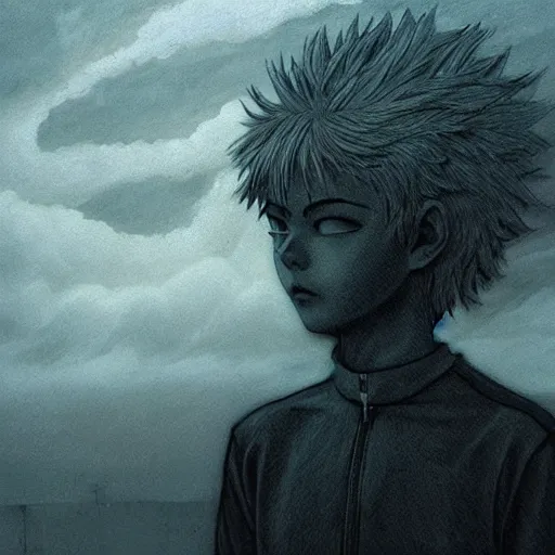 Image similar to killua hxh made by zdzisław beksinski, thunder bolts, 8 k, detailed, cinematic, rain, crying, black, suit