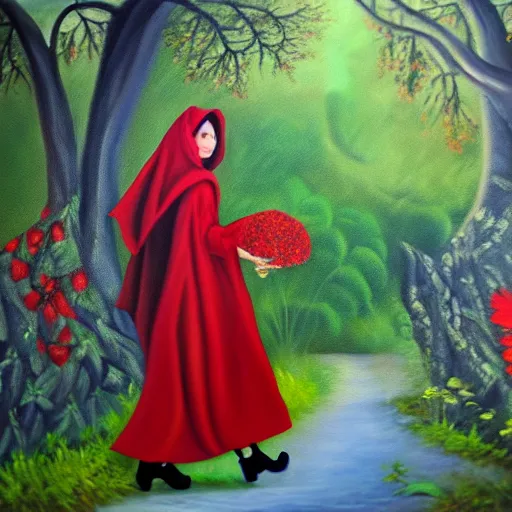 Image similar to oil painting of little red riding hood walking through a fantasy landscape filled with brugmansia suaveolens flowers