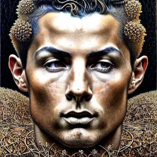 Prompt: detailed realistic beautiful cristiano ronaldo portrait by jean delville, gustave dore, iris van herpen and marco mazzoni, art forms of nature by ernst haeckel, art nouveau, symbolist, visionary, gothic, neo - gothic, pre - raphaelite, fractal lace, intricate alien botanicals, ai biodiversity, surreality, hyperdetailed ultrasharp octane render