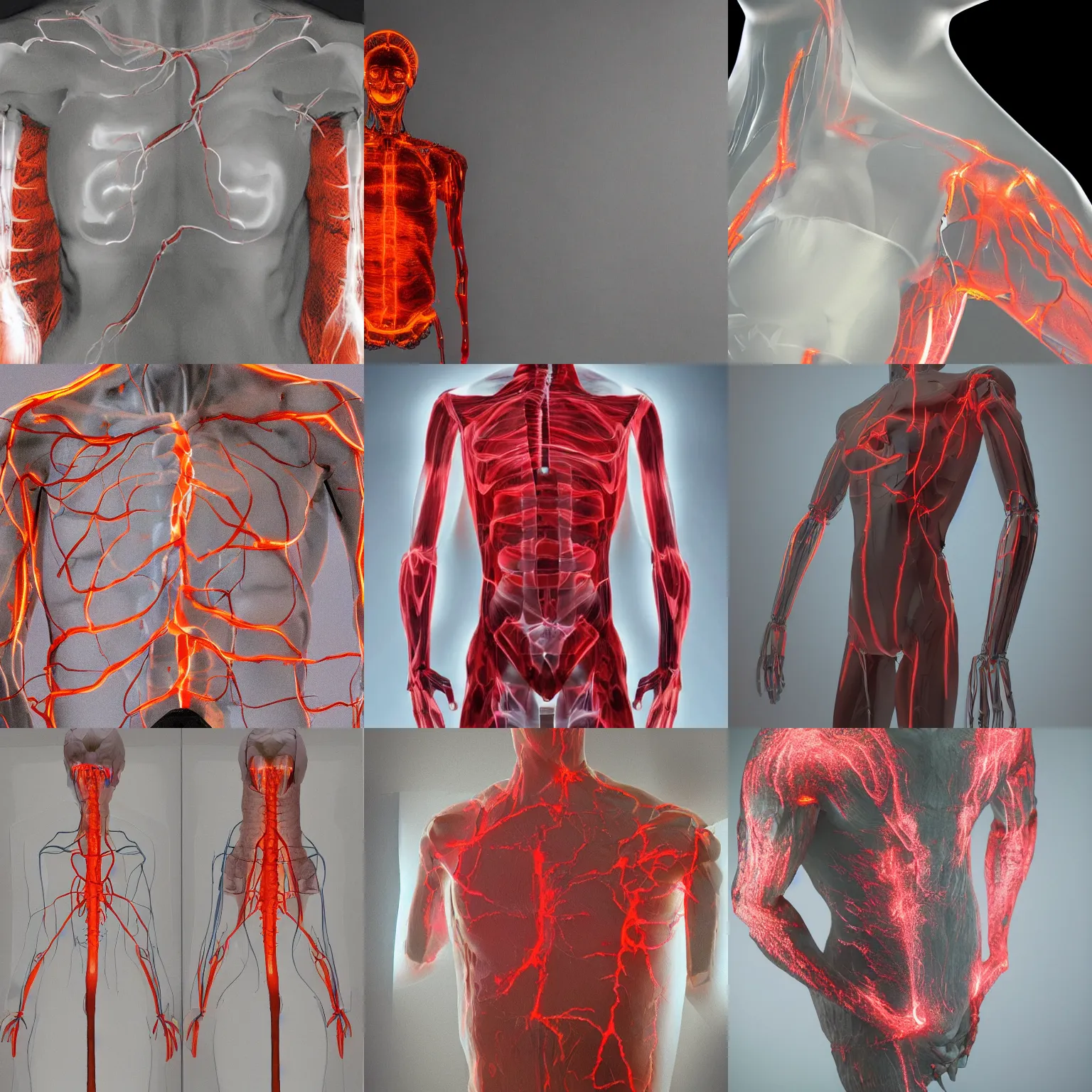 Prompt: medium shot of a see through torso display of a bio - electrical humanoid, glowing red veins