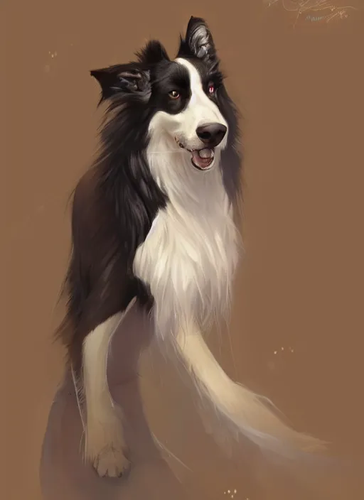 Prompt: wide angle beautiful full body portrait of a strong male anthropomorphic anthro border collie fursona in an evening gown by a lake at night, character design by charlie bowater, henry asencio, and ross tran, beautiful, glamor pose, detailed, aesthetic, trending on artstation, furaffinity