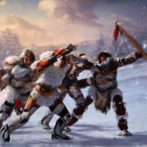 Image similar to majestic native americans fighting cyborg white men in a snowy field, landscape, hyper realistic,