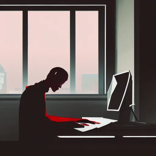 Prompt: A researcher at their desk next to the window trying to find the motivation to continue, lo-fi hiphop, seen from the side, rain, moody, trending on artstation, 4k