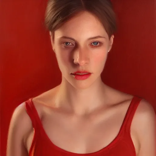 Prompt: a portrait of an intensely lit female, red, oil painting, pale colors, high detail, 8 k, wide angle, trending on artstation,