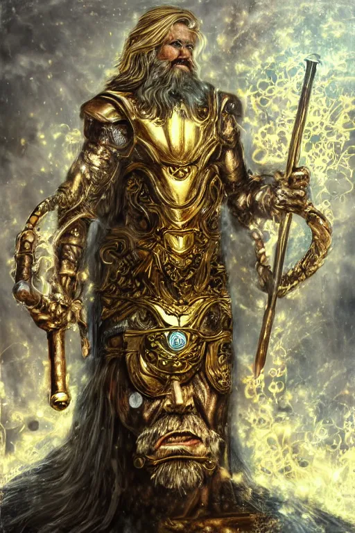 Prompt: mythological odin all father supreme God of thunder and artificial intelligence creating himself with an artificial neural network with gold synapses on an anvil with a hammer, high resolution, award winning art, trending on art station, sharp image, incredibly detailed, detailed character realistic painting