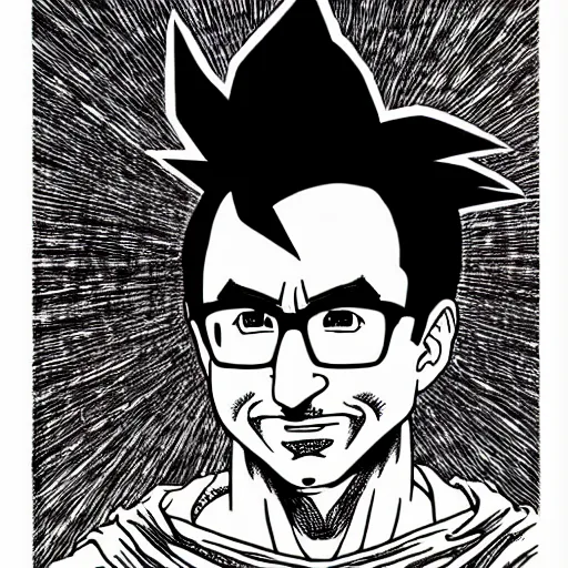 Image similar to John oliver in his super Saiyan god form, illustration in pen and ink, highly detailed, highly complex, award winning, black and white, art by Akira Toriyama