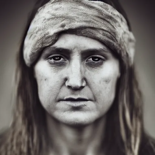 Prompt: Award Winning Portrait of a prehistoric weathered English Female with beautiful eyes wearing pelts and a leather headband by Lee Jeffries, 85mm ND 5, perfect lighting,