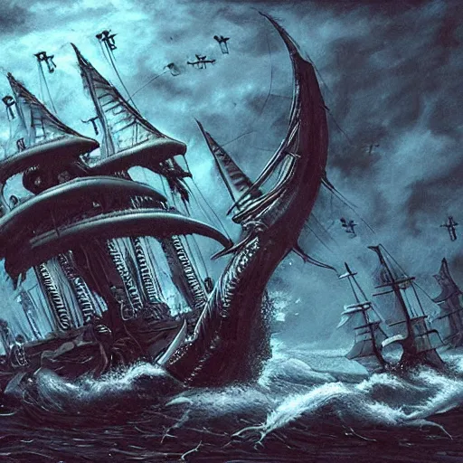 Image similar to kraken breaking a pirate ship, lovecraftian, horror, dark, scary, fantasy