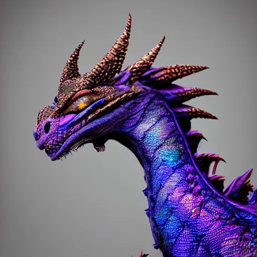 Prompt: a very large fierce but beautiful dragon, with feather - like dark blue mixed with violet scales, some orange iridescent scales at the back of his head, long nose, m, in the style of weta digital, hyper realistic, 8 k, cinematic