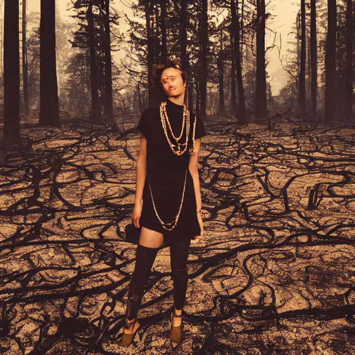 Image similar to a woman wearing rose chains, standing in a burnt charred forest, golden hour, vogue magazine