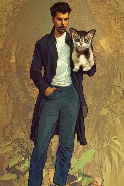 Prompt: full body portrait of a single beautiful young fit man, modern haircut, open shirt, large pants, holding a detailed photorealistic kitty on his arm. by greg rutkowski and alphonse mucha, d & d character, in front of a modern room background, highly detailed portrait, digital painting, artstation, concept art, smooth, sharp focus illustration, artstation hq