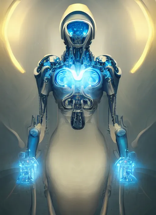 Image similar to benevolent cyborg necromancer, scifi, futurism, alien room background, white, blue, gold, highly detailed, trending on artstation, soft light, sharp edges, illustration, spiritual, technology, art by vitaly bulgarov and nivanh chanthara