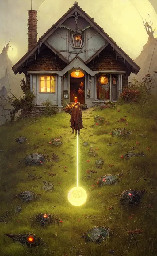 Image similar to a hyper realistic witchy cottage with solar panels on a tall hill, mountains, atmospheric lighting, lush foliage, painting by chiara bautista and tom bagshaw, mucha, beksinski and norman rockwell and greg rutkowski weta studio, and lucasfilm