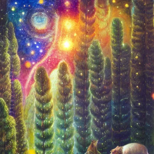 Image similar to psychedelic small cats hidden lush pine forest, outer space, milky way, designed by arnold bocklin, jules bastien - lepage, tarsila do amaral, wayne barlowe and gustave baumann, cheval michael, trending on artstation, star, sharp focus, colorful refracted sparkles and lines, soft light, 8 k 4 k