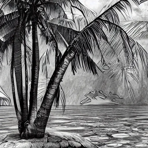 Image similar to tropical island, 8 k, high resolution, detailed charcoal drawing, beautiful hd, art nouveau, concept art, colourful artwork, in the style of axel aabrink