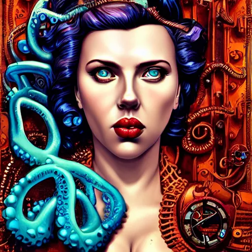 Image similar to lofi underwater bioshock steampunk lovecraft lovecraftian portrait of scarlett johansson, octopus, Pixar style, by Tristan Eaton Stanley Artgerm and Tom Bagshaw.