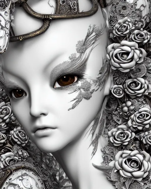 Image similar to bw dreamy close - up profile face, beautiful young porcelain intricate steampunk bio - mechanical vegetal - dragon - cyborg - female, white roses ornate metallic armour, white fluffy feathers, fine mandelbrot fractal lace, 1 5 0 mm, soft rim light, elegant, hyper real, ultra detailed, octane render, hg giger, 1 6 k