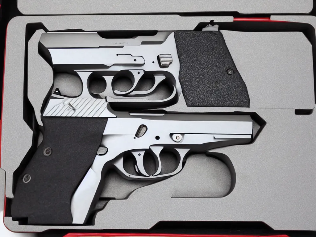 Image similar to futuristic sig sauer p226 made of brushed metal, chrome and carbon, intricate gold linings