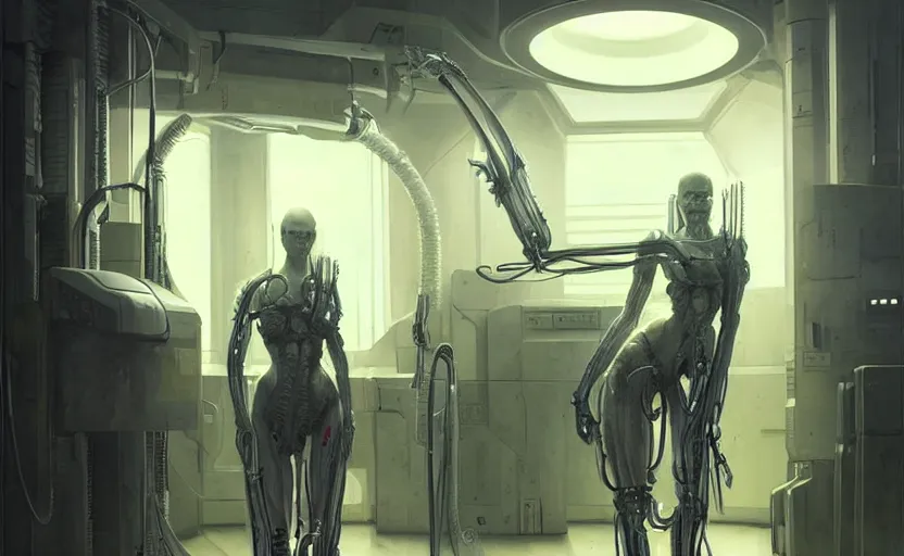 Prompt: neon surgery scanning machine prometheus cyberpunk futuristic, in a white room, art by giger, greg rutkowski