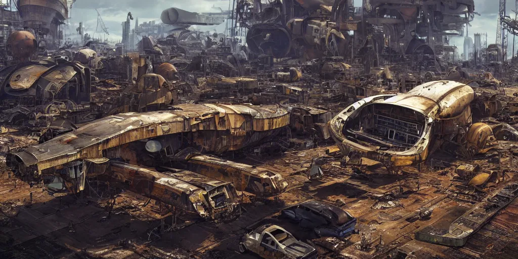 Prompt: 4 k rendered unreal 5 image of a space ship scrap yard with lots of broken and damaged spaceships all coroded and rusted, wet puddles reflecting