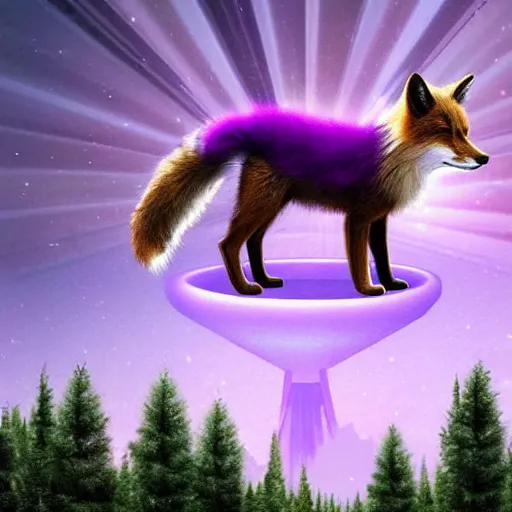 Image similar to a purple fox with a long fluffy and shiny coat sits in the forest on a ufo flying saucer. super realistic photo. clear details