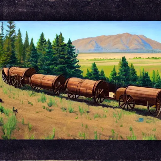 Image similar to old west oregon trail wagon train, painting, sketch