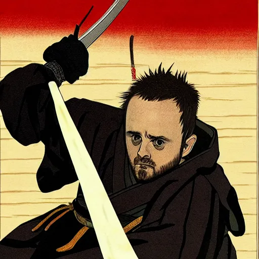 Image similar to jesse pinkman from breaking bad wearing samurai armor and holding a katana in feudal japan, 4 k, hyper realistic, ink block painting, edo period