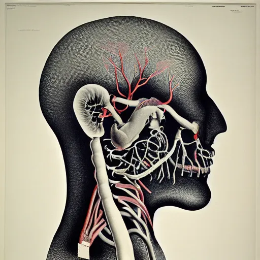 Prompt: surreal lung head anatomical atlas dissection center cut, lithography on paper conceptual figurative ( post - morden ) monumental dynamic soft shadow portrait drawn by hogarth and escher, inspired by goya, illusion surreal art, highly conceptual figurative art, intricate detailed illustration, controversial poster art, polish poster art, geometrical drawings, no blur