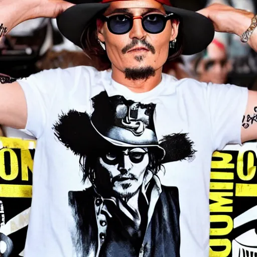 Prompt: johnny depp with a cool t - shirt that says comicsgate