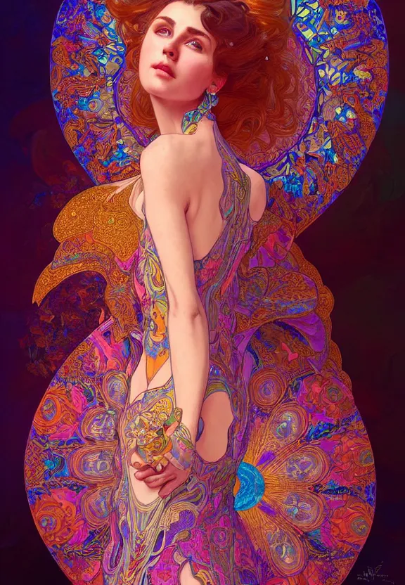 Prompt: portrait of a beautiful woman wearing a kaleidoscopic psychedelic dress, fantasy, intricate, elegant, highly detailed, digital painting, artstation, concept art, smooth, 8 k, sharp focus, illustration, art by artgerm and greg rutkowski and alphonse mucha