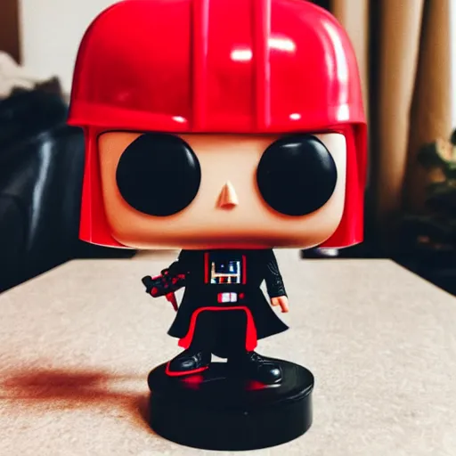 Image similar to a darth vader funko pop wielding a red lightsaber on a table inside a suburban house