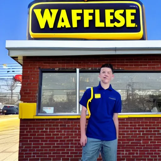 Image similar to wafflehouse employee's standing below wafflehouse sign, employees uniform is blue and black with yellow name tags