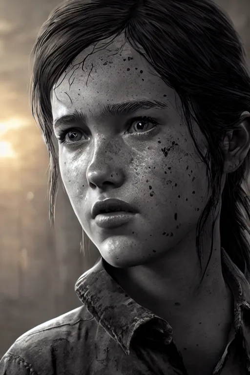 Image similar to portrait art of ellie from the last of us part 2, 8 k ultra realistic, digital art, character portrait, highly detailed, trending on artstation, lens flare, atmosphere, hyper realistic, cinematic lightning, sharp focus, unreal engine 5, extreme details perfect face, pretty face, fine - face, illustration, 8 k, ultra texture, masterpiece