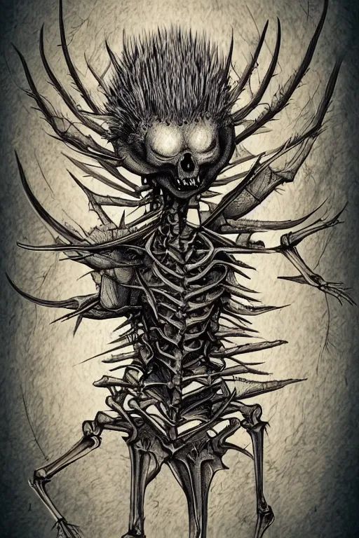 Image similar to a thistle skeleton hybrid monster, highly detailed, digital art, sharp focus, trending on art station, artichoke, anime art style