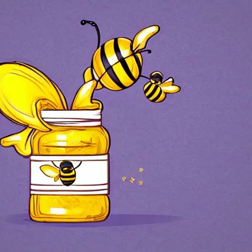 Prompt: cute bee flying out of a jar of honey with a wooden honey dipper in it, concept art, illustrated, highly detailed, high quality, bright colors, optimistic,